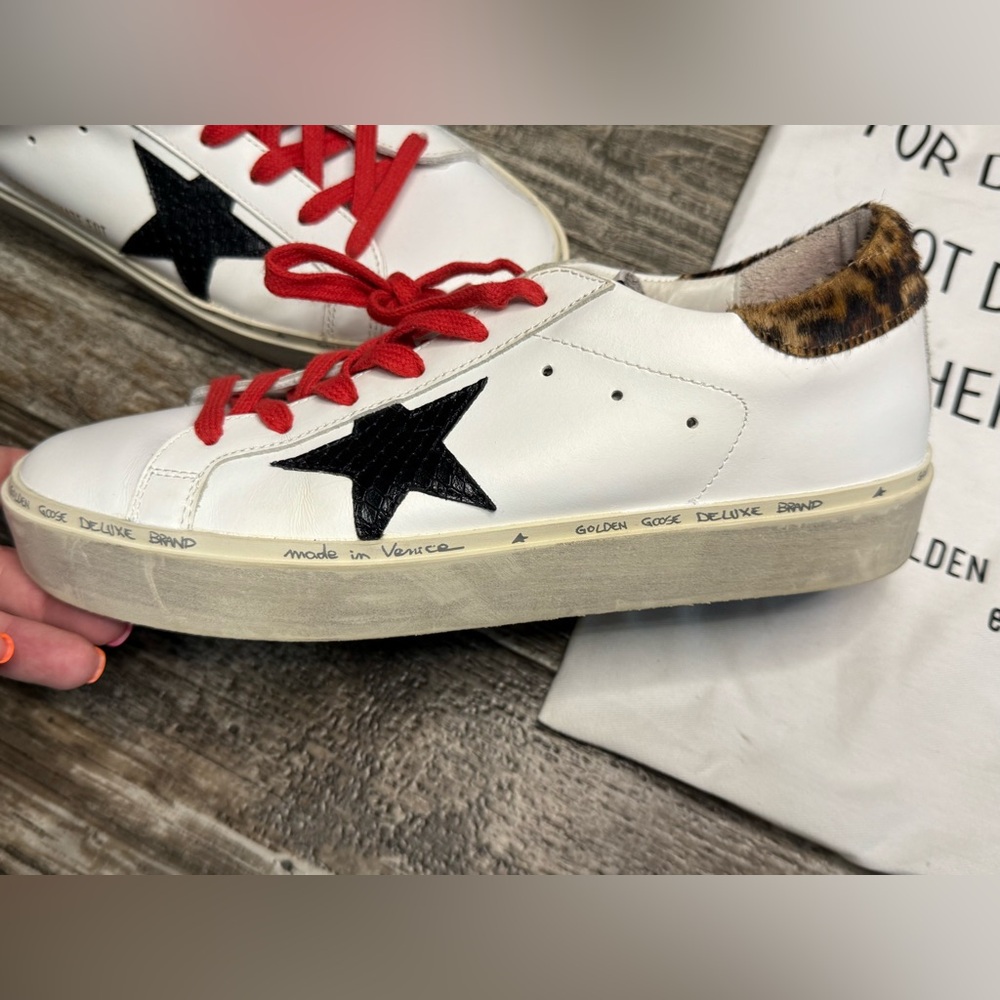 Golden Goose White Sneakers with Black Star and Red Accents Size 40